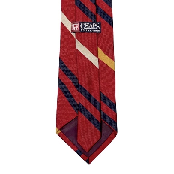 CHAPS Ralph Lauren 100% Silk Tie Red with Navy, White and Yellow Stripes - Picture 3 of 8